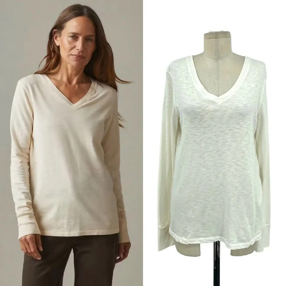 American‎ Giant Premium Slub V-Neck Tee Shirt Top Long Sleeve Cream Size Small - Picture 1 of 9